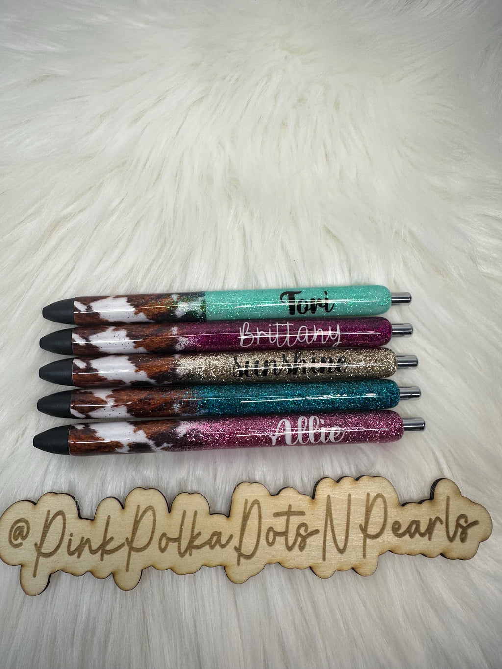 Cow Hide Personalized Epoxy Glitter Black Ink Pen: Refillable