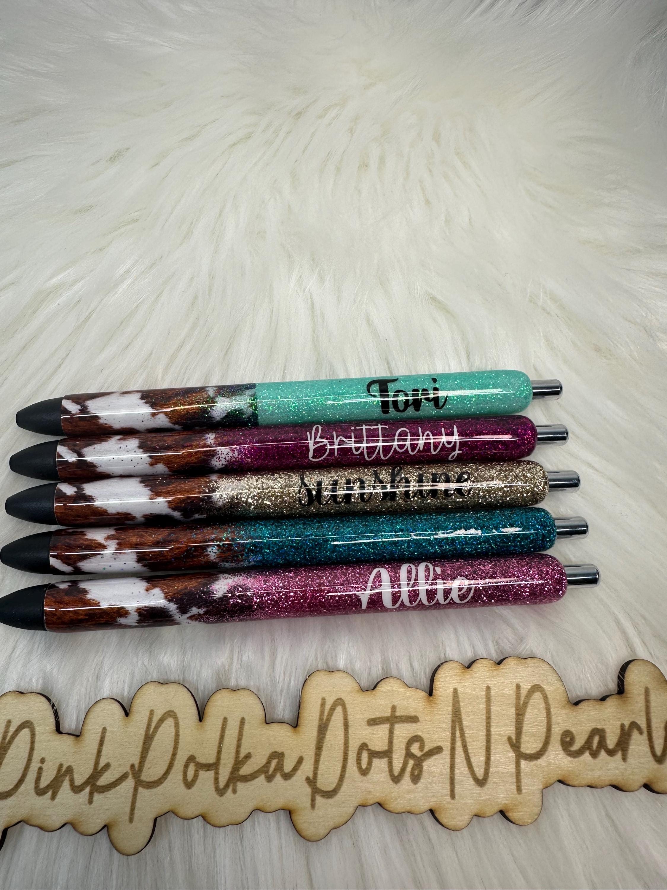 Cow Hide Personalized Epoxy Glitter Black Ink Pen: Refillable