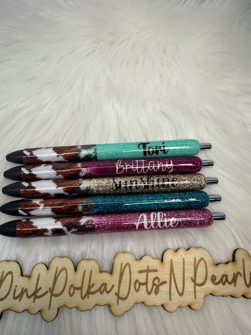 Cow Hide Personalized Epoxy Glitter Black Ink Pen: Refillable